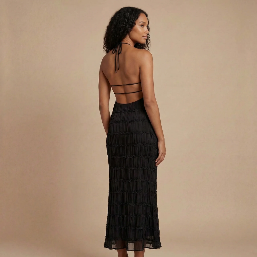 Backless black halter maxi dress with criss-cross strap detail for women