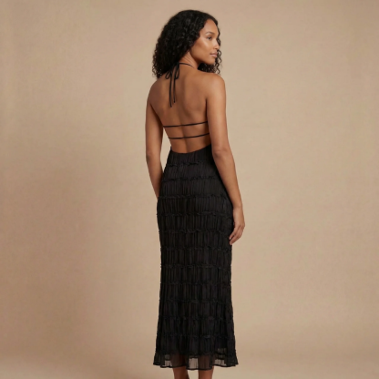 Backless black halter maxi dress with criss-cross strap detail for women