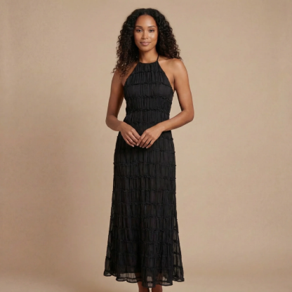 Black pleated halter maxi dress with textured grid detailing for women