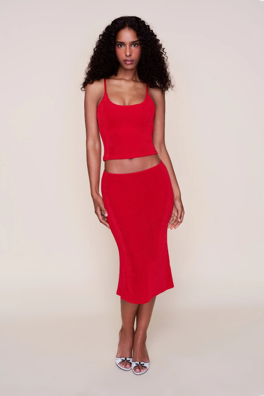 Full-length red ribbed two-piece midi set with crop top and fitted skirt
