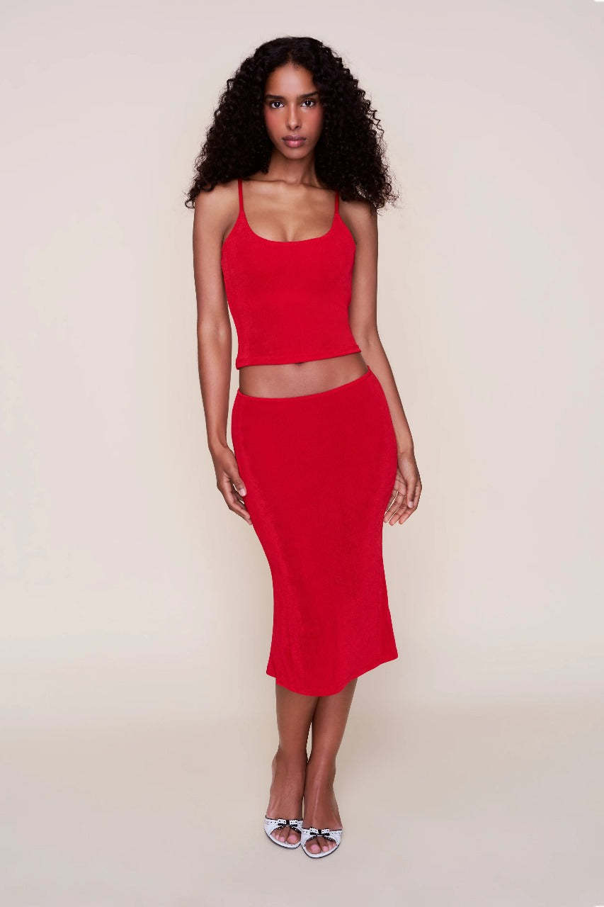 Full-length red ribbed two-piece midi set with crop top and fitted skirt