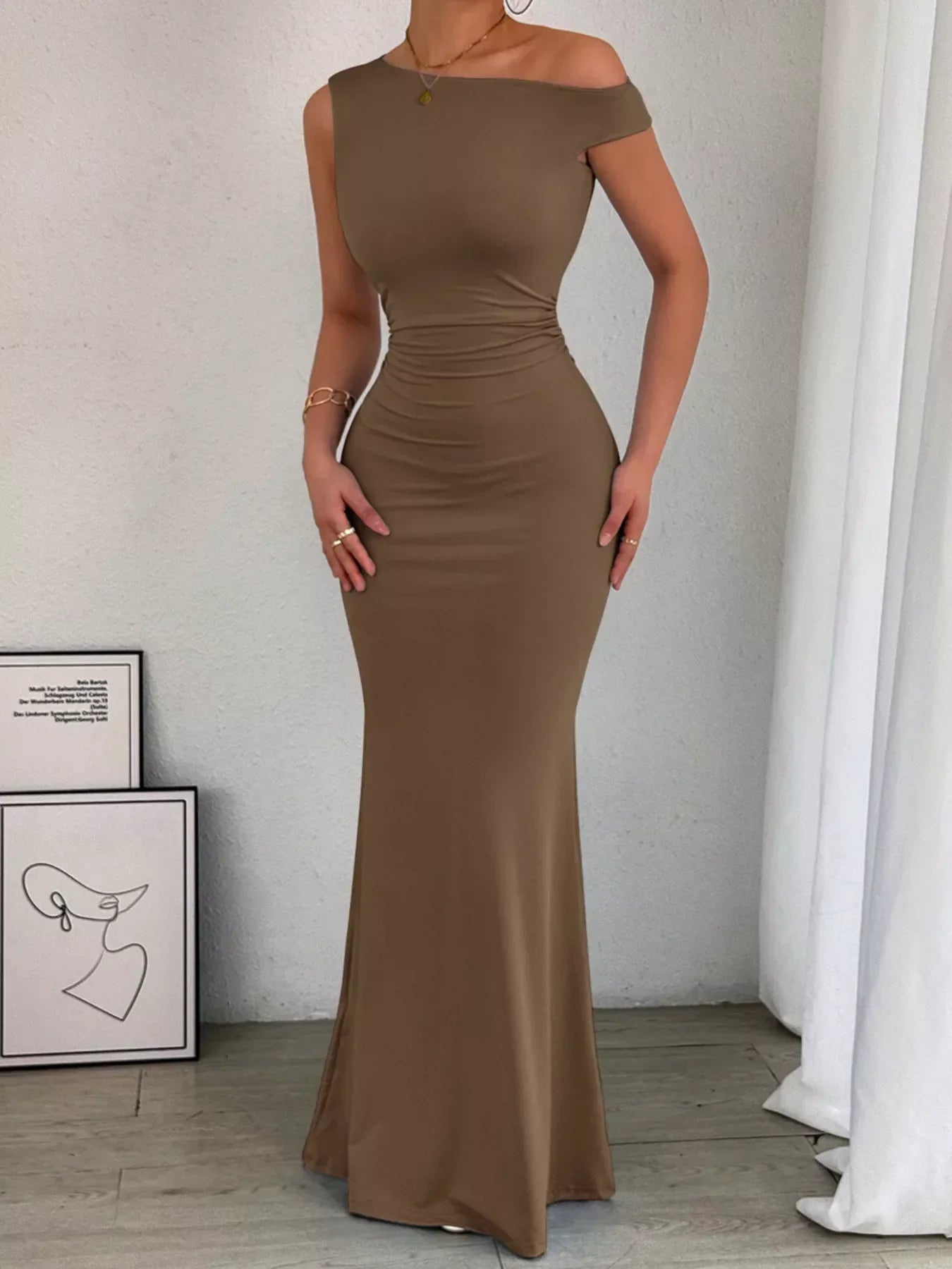 Taupe ruched maxi dress with cold-shoulder design and mermaid silhouette