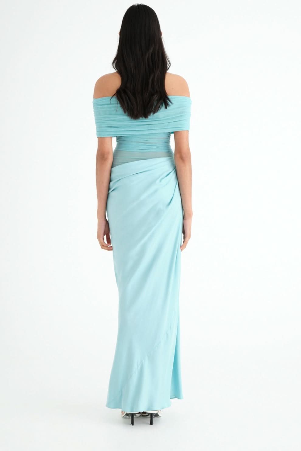 Turquoise off-shoulder ruched maxi dress back view