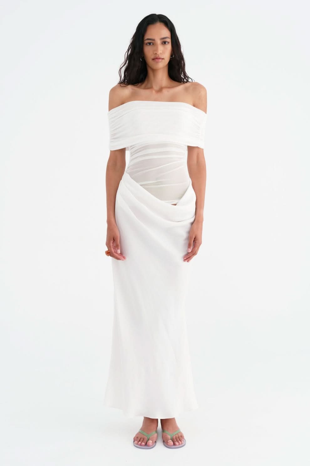 White off-shoulder ruched maxi dress front view