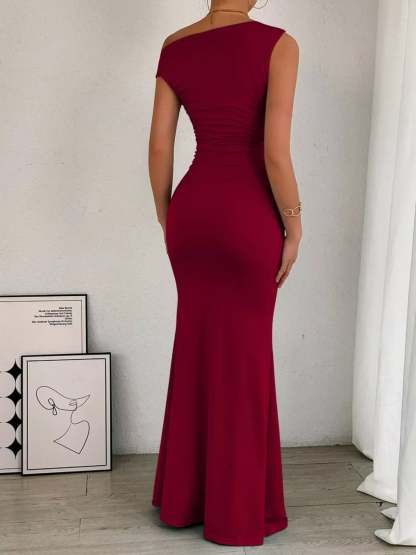 Taupe ruched maxi dress with asymmetrical neckline and side ruching