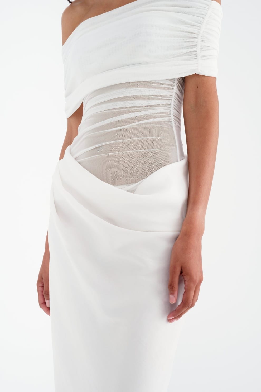 White ruched maxi dress torso detail showing gathered fabric