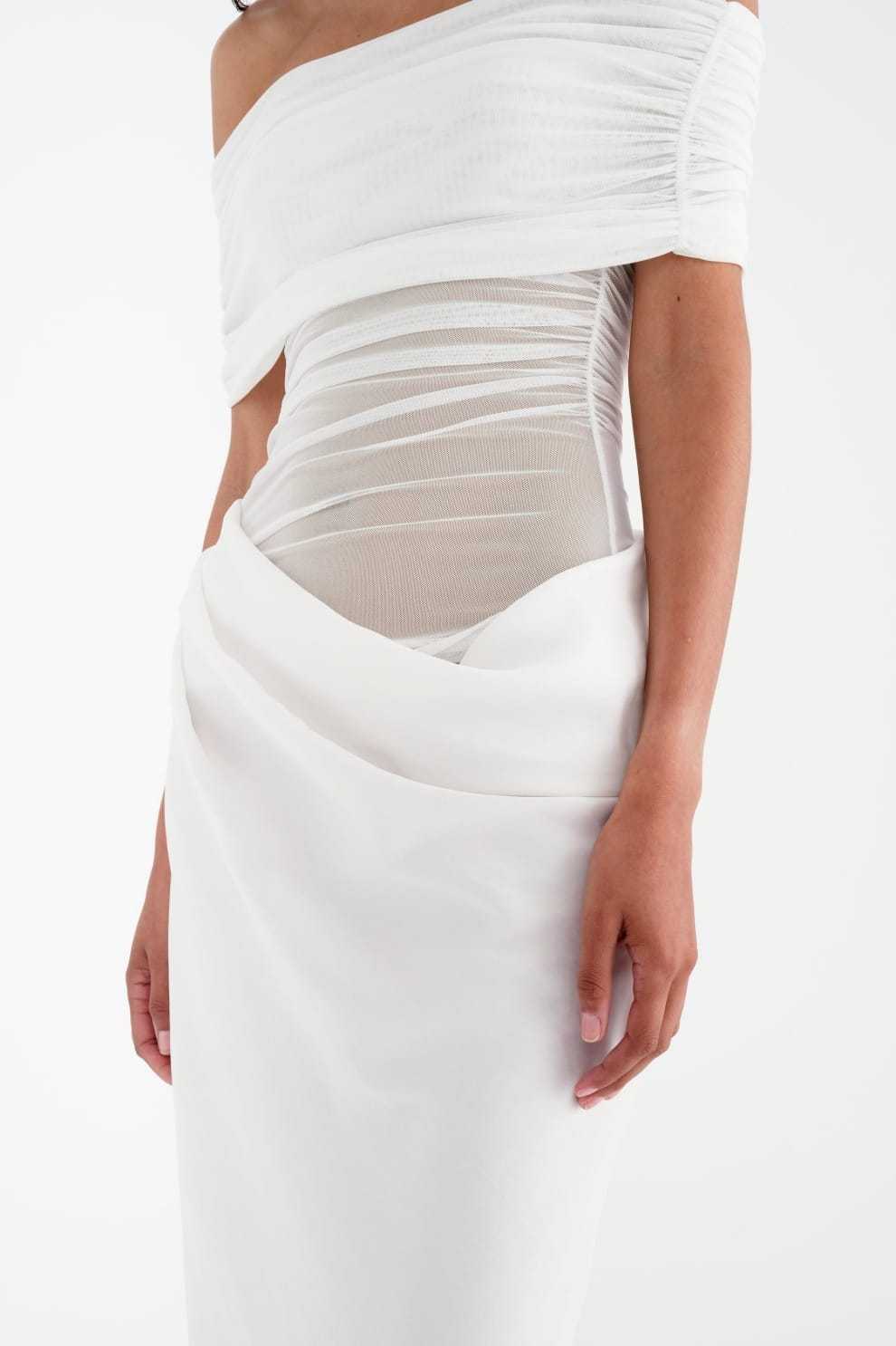White ruched maxi dress torso detail showing gathered fabric
