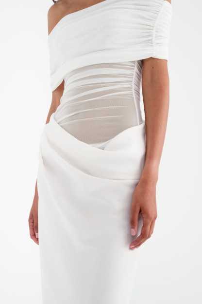 White ruched maxi dress torso detail showing gathered fabric