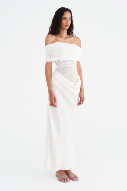 White off-shoulder ruched maxi dress side front view