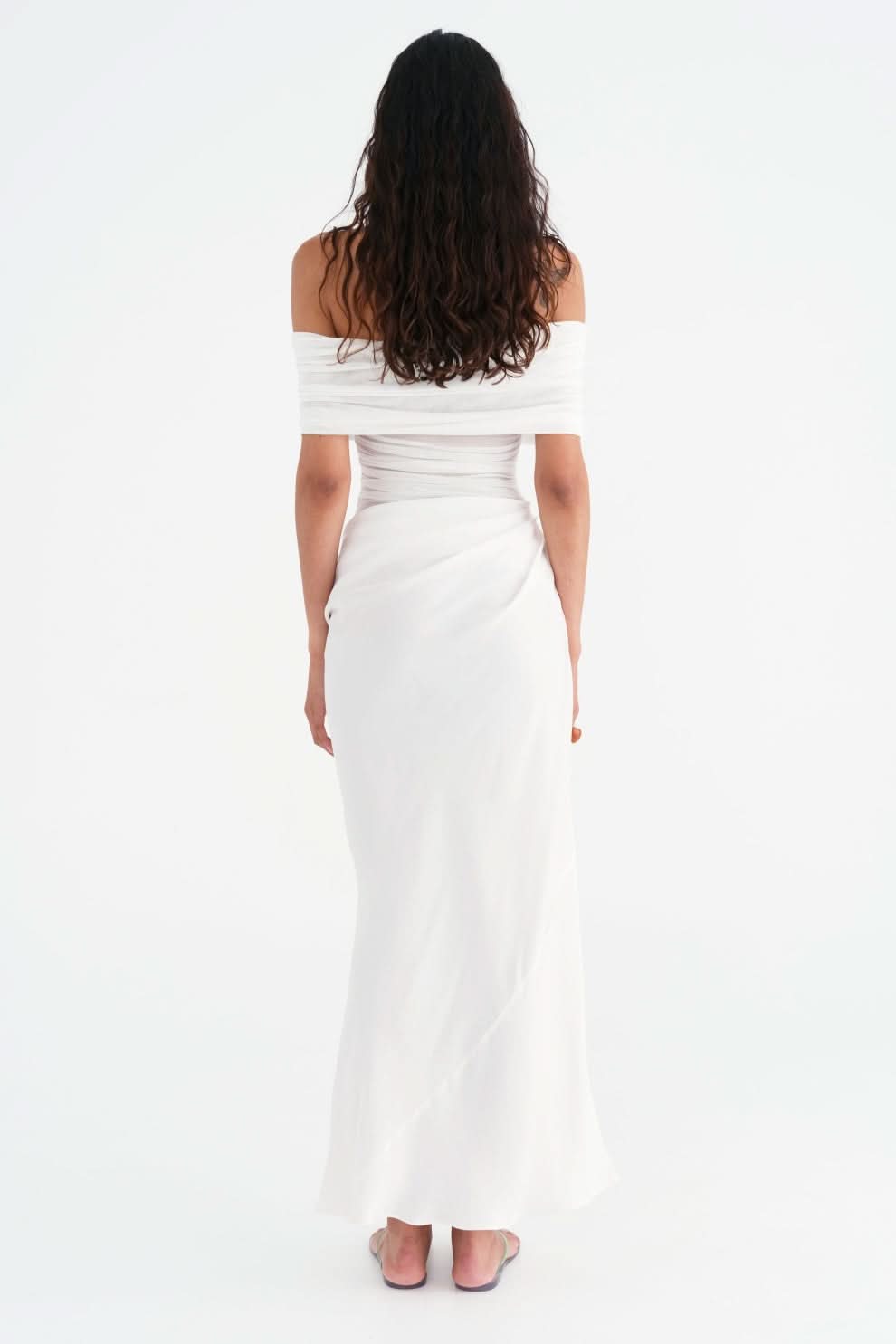 White off-shoulder ruched maxi dress back view