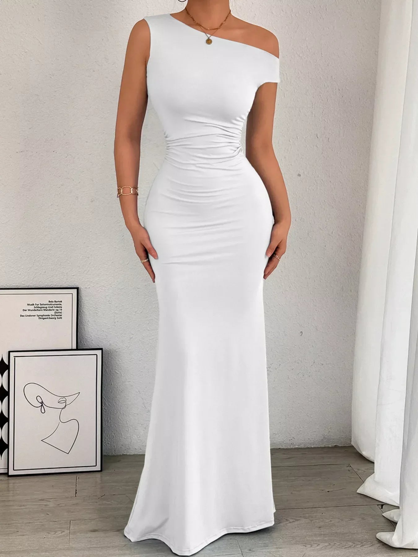 White asymmetrical ruched maxi dress full length front view