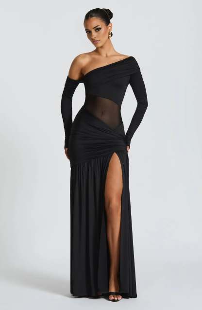 Black ruched maxi dress with off-shoulder neckline and thigh-high slit