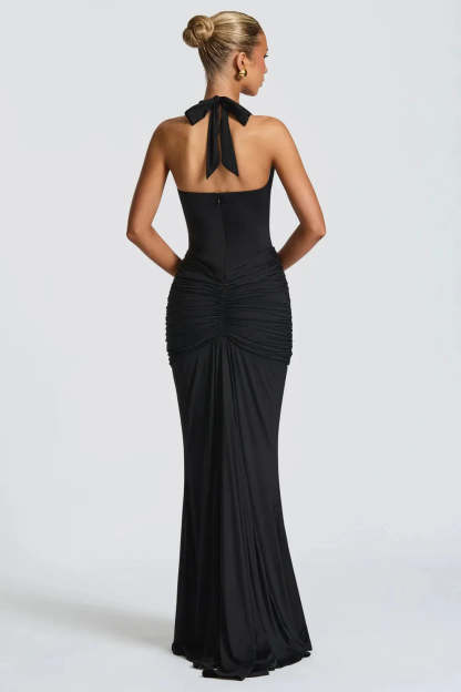 Women's Cocktail Halter Plunge Ruched Maxi Dress