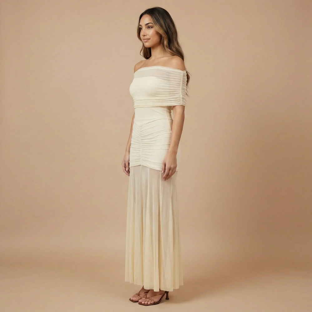 Cream off-shoulder ruched maxi dress side view with pleated bodice