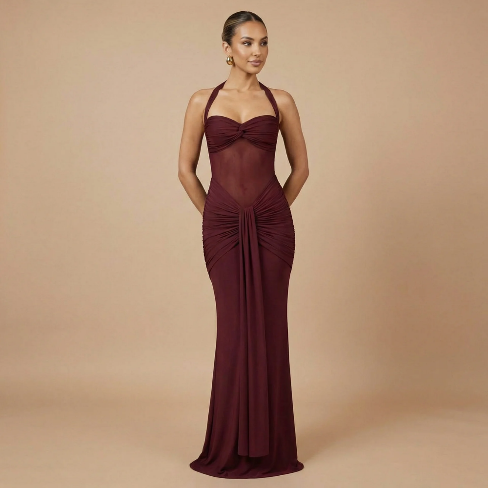 Deep burgundy ruched maxi dress with sweetheart halter neckline