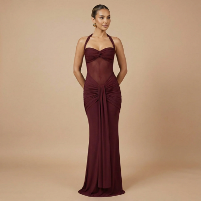 Deep burgundy ruched maxi dress with sweetheart halter neckline