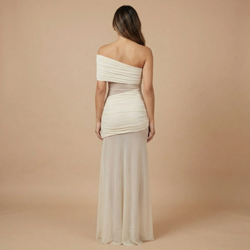 Ivory ruched off-shoulder maxi dress with sheer cutout back view for formal events