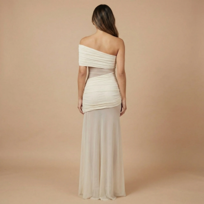 Ivory ruched off-shoulder maxi dress with sheer cutout back view for formal events