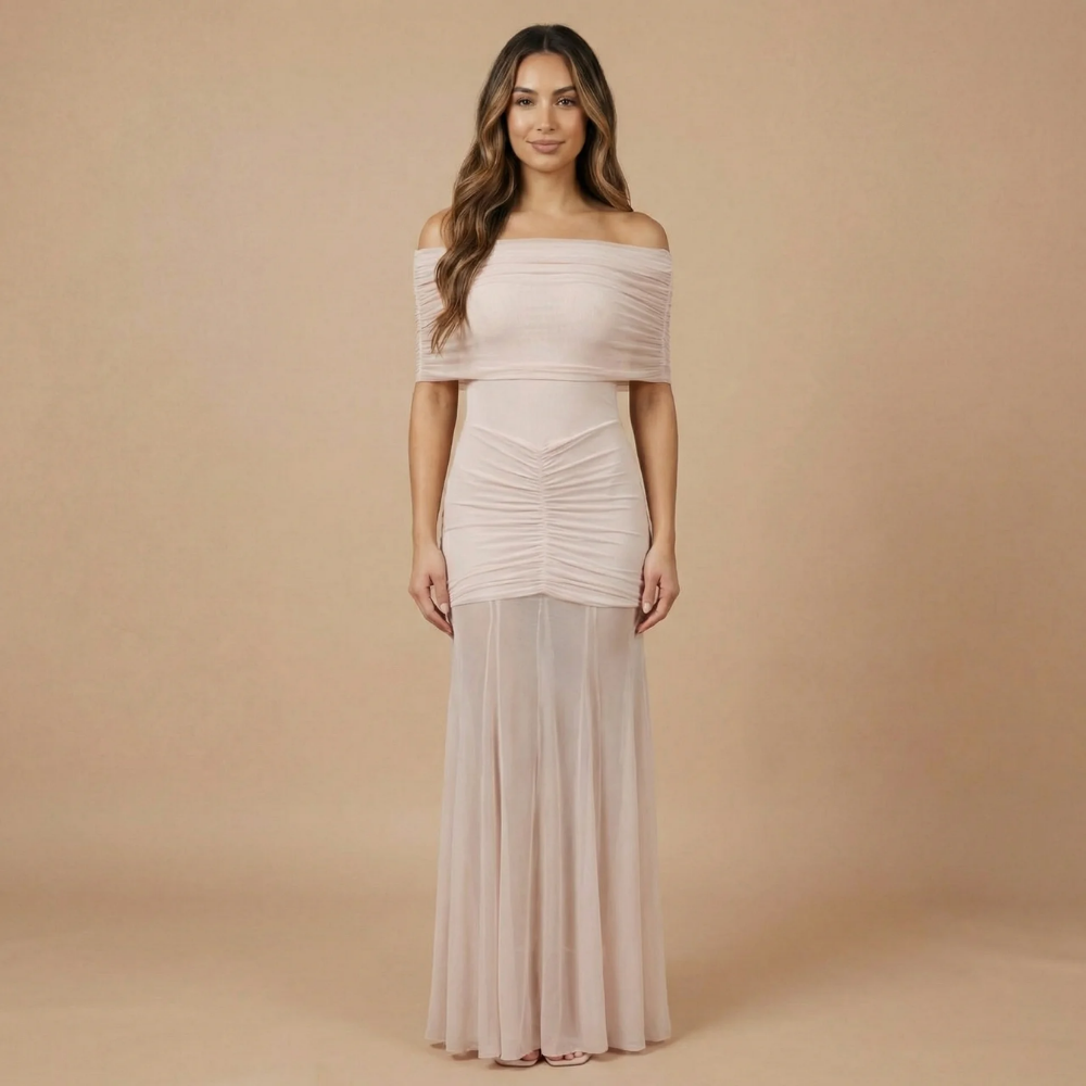 Blush pink off-shoulder ruched maxi dress front view