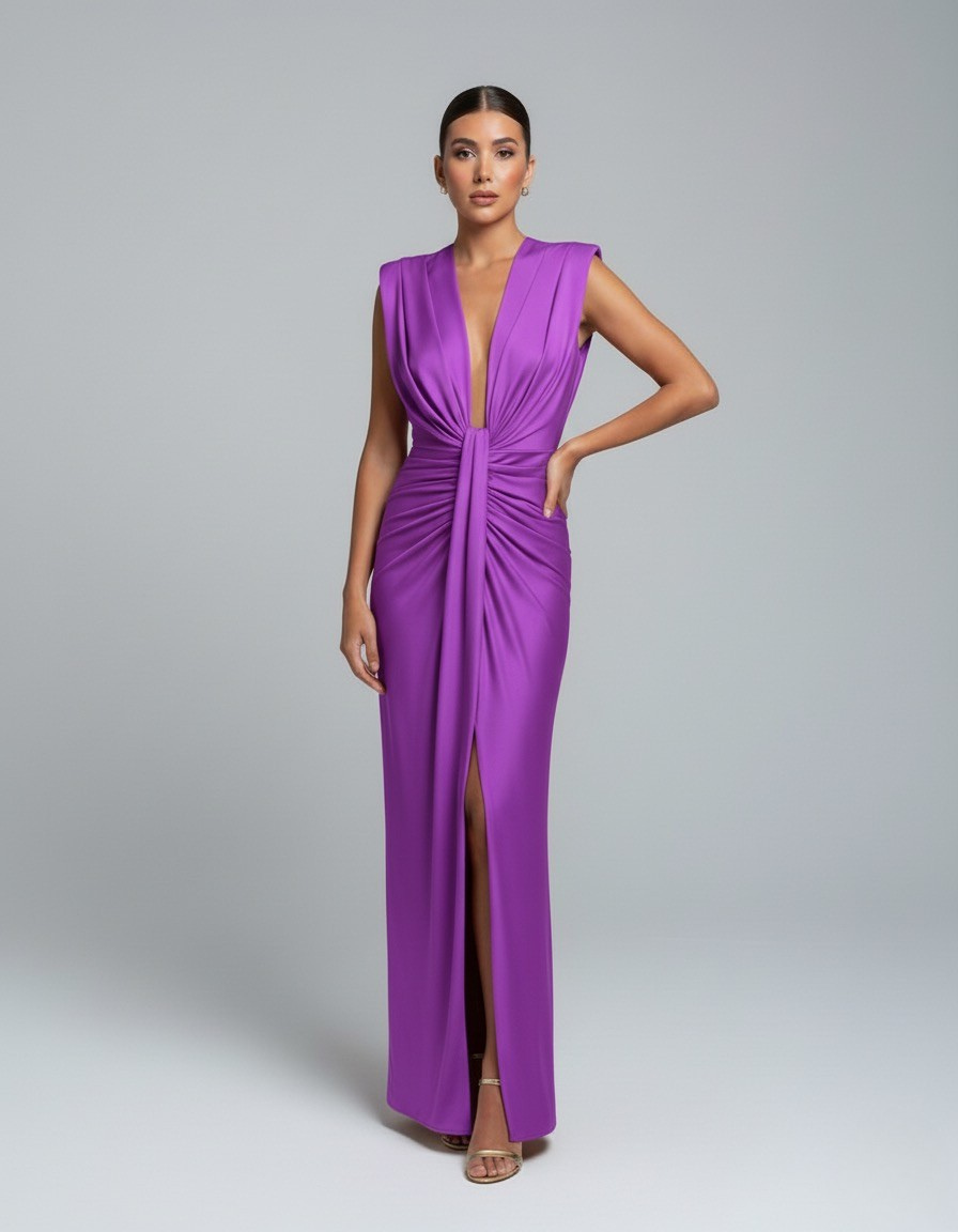 Vibrant magenta sleeveless ruched maxi dress with plunging neckline