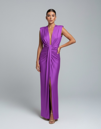 Vibrant magenta sleeveless ruched maxi dress with plunging neckline