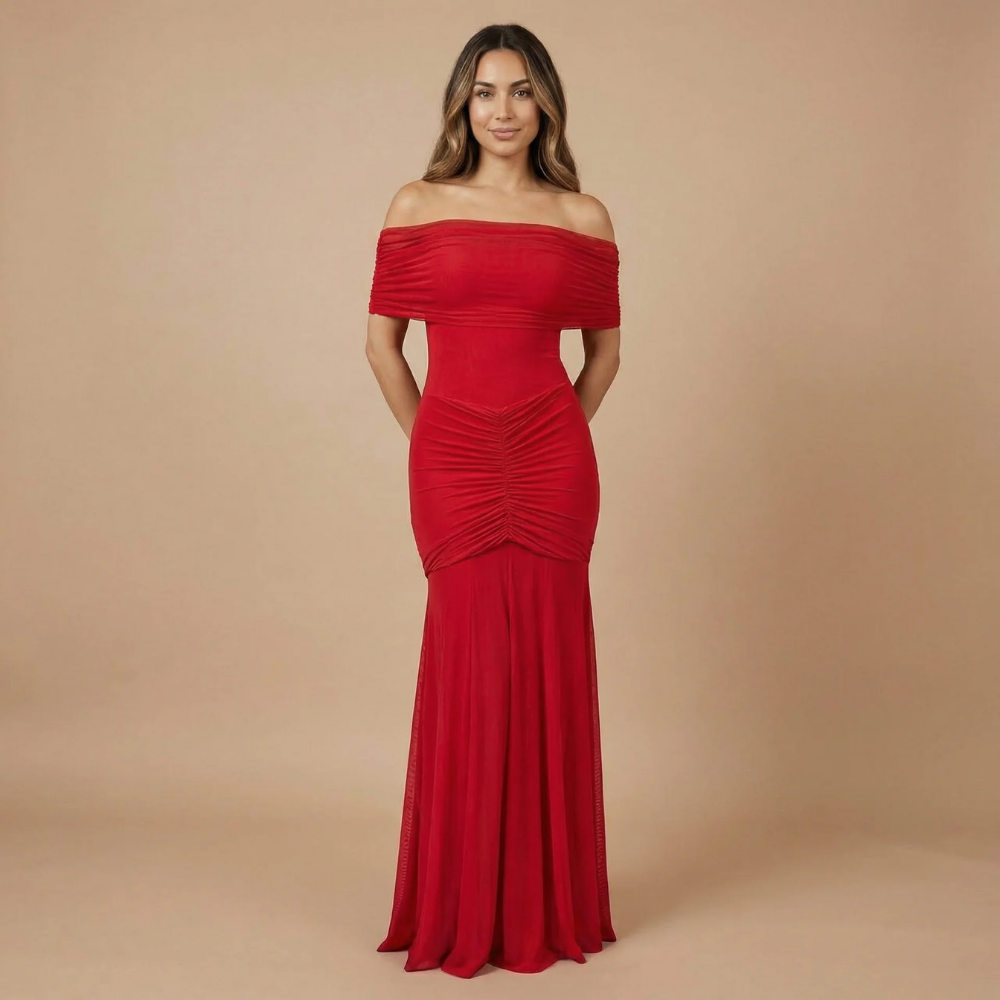 Red off-shoulder ruched maxi dress with fitted bodice