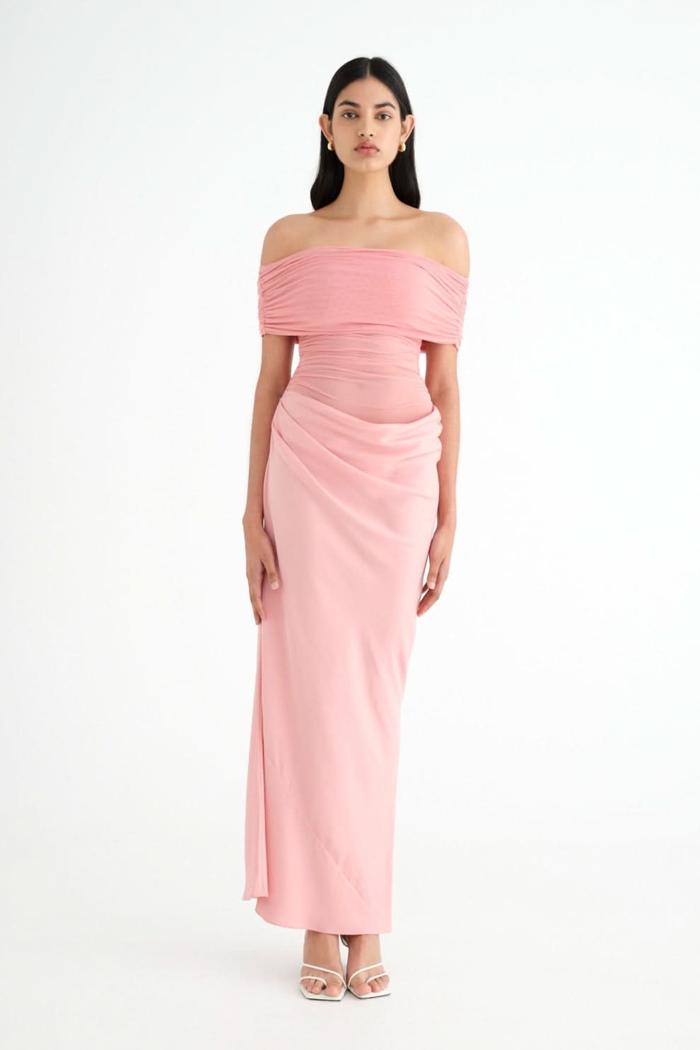 Pink off-shoulder ruched maxi dress with side ruching detail