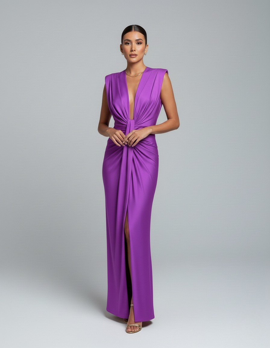 Magenta ruched maxi dress with knotted waist detail and front slit