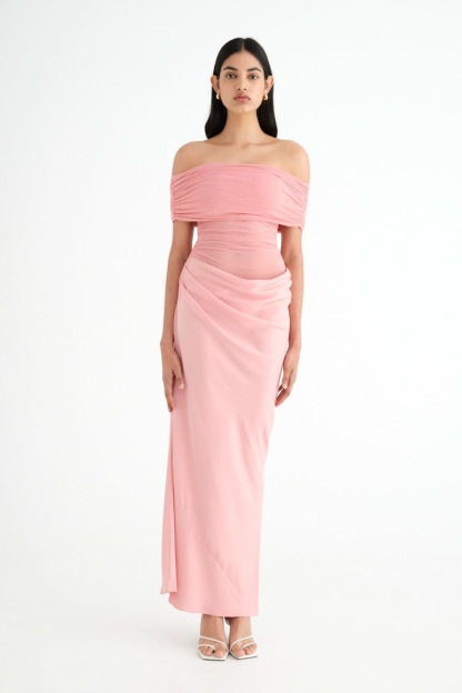 Pink off-shoulder ruched maxi dress with side ruching detail