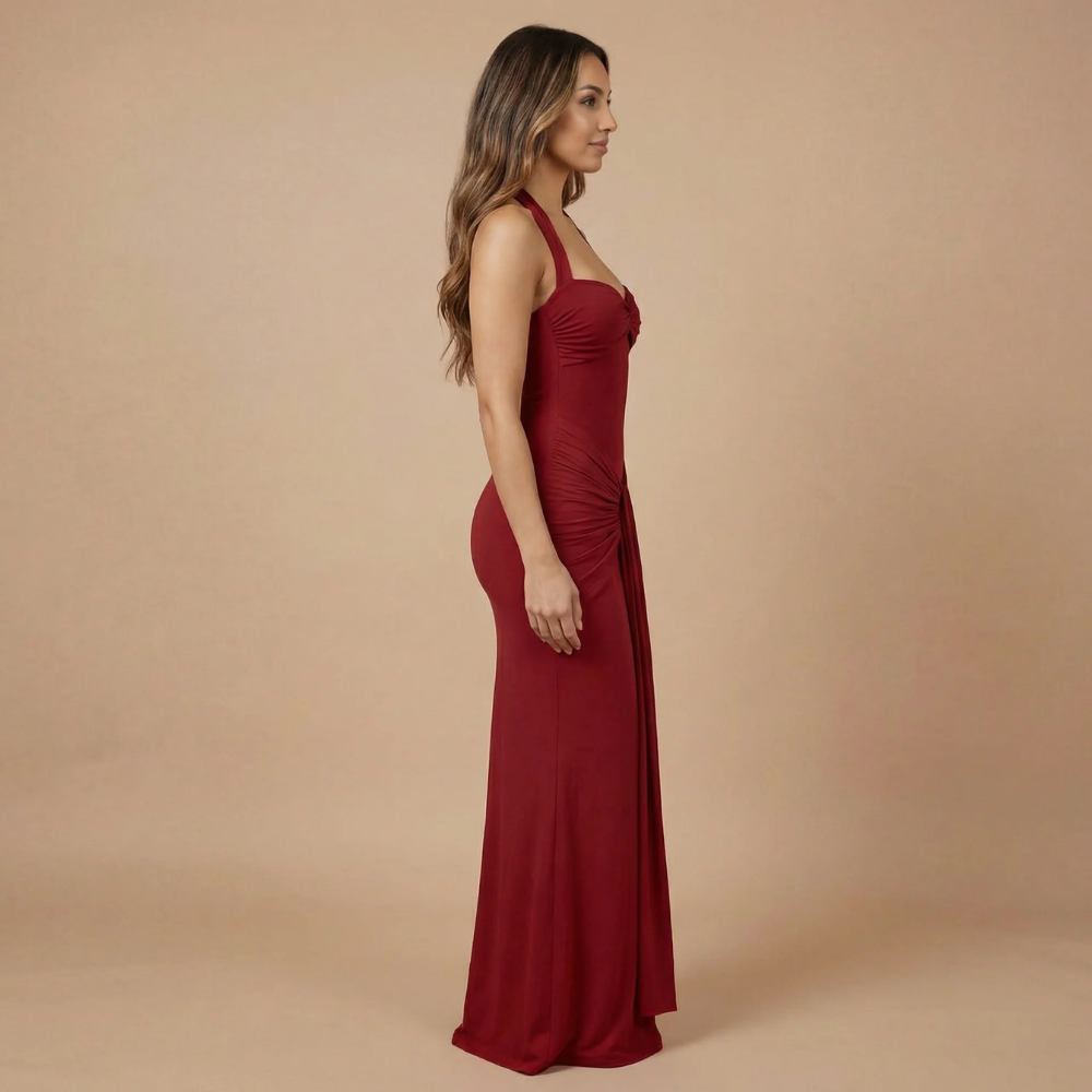 Deep burgundy ruched maxi dress side profile showing gathered waist detail
