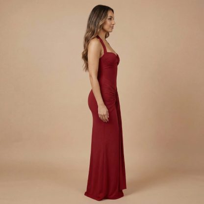 Deep burgundy ruched maxi dress side profile showing gathered waist detail