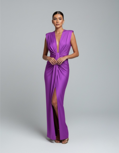 Magenta sleeveless maxi dress with center ruching and leg opening