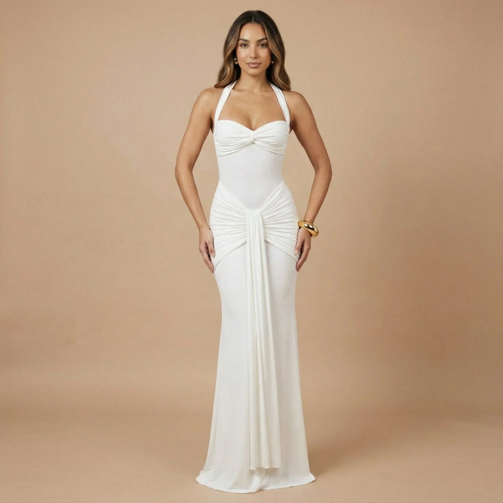 Cream ruched maxi dress with halter neckline and twisted waist ruching
