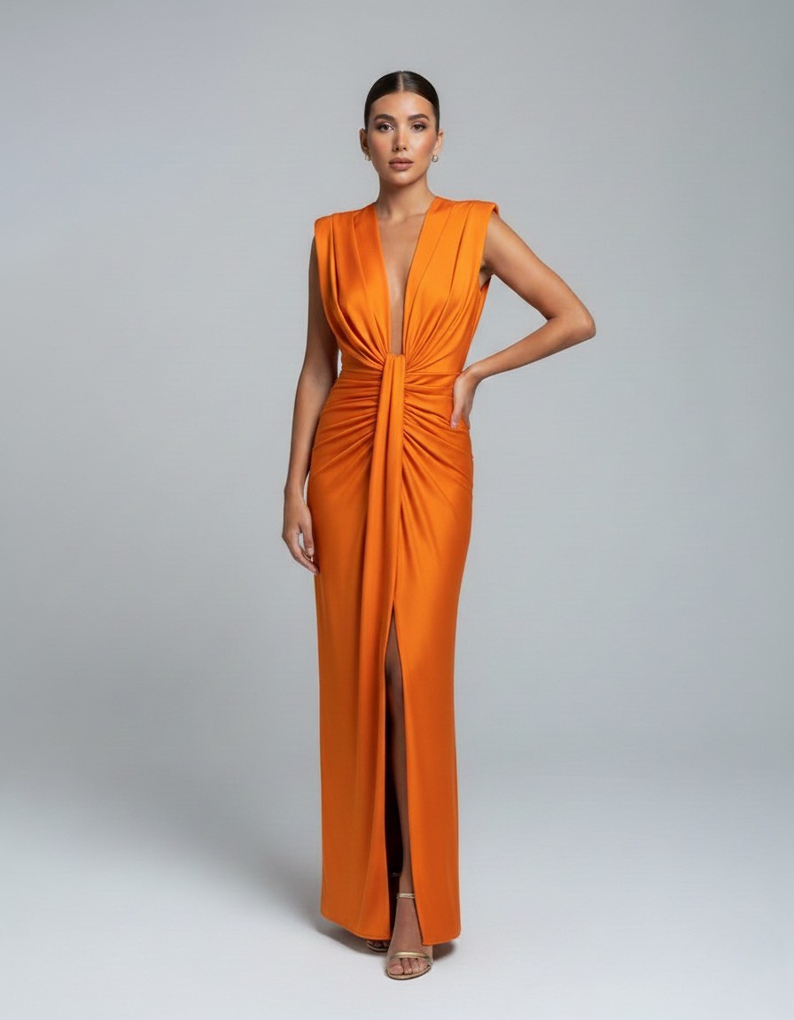 Bright orange sleeveless ruched maxi dress with deep V-neck