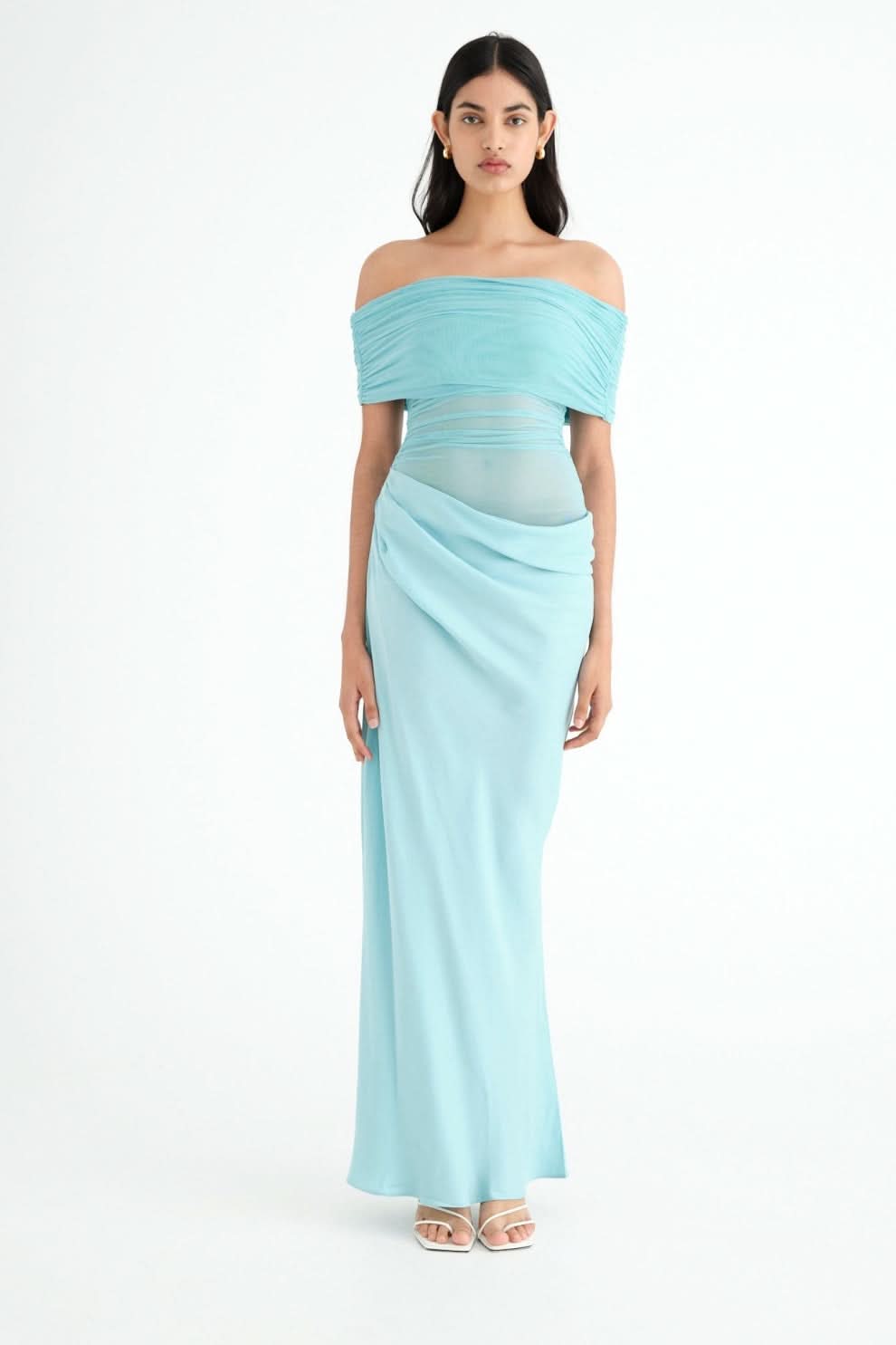 Turquoise off-shoulder ruched maxi dress with cutout waist detail