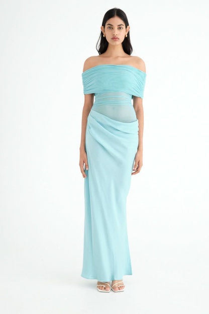 Turquoise off-shoulder ruched maxi dress with cutout waist detail