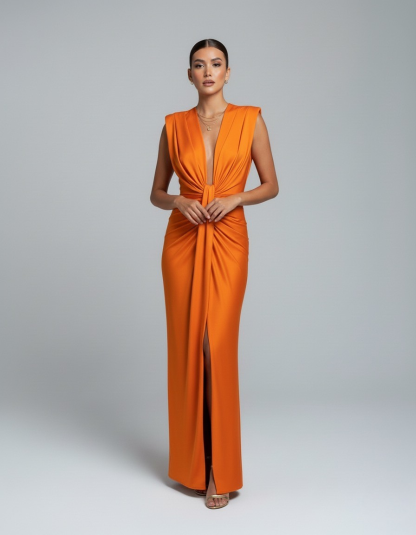 Orange ruched maxi dress with tied front and high slit detail