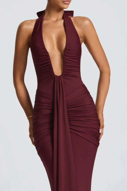 Close-up of burgundy ruched maxi dress front with deep V-neckline