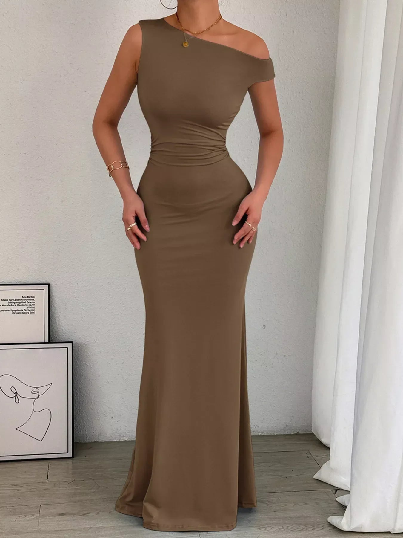 Taupe off-shoulder ruched maxi dress with fitted waist