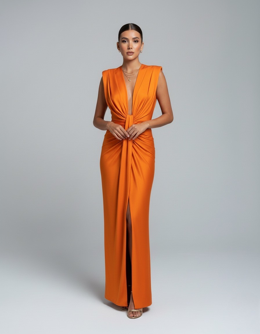 Orange sleeveless maxi dress with gathered ruching and front opening