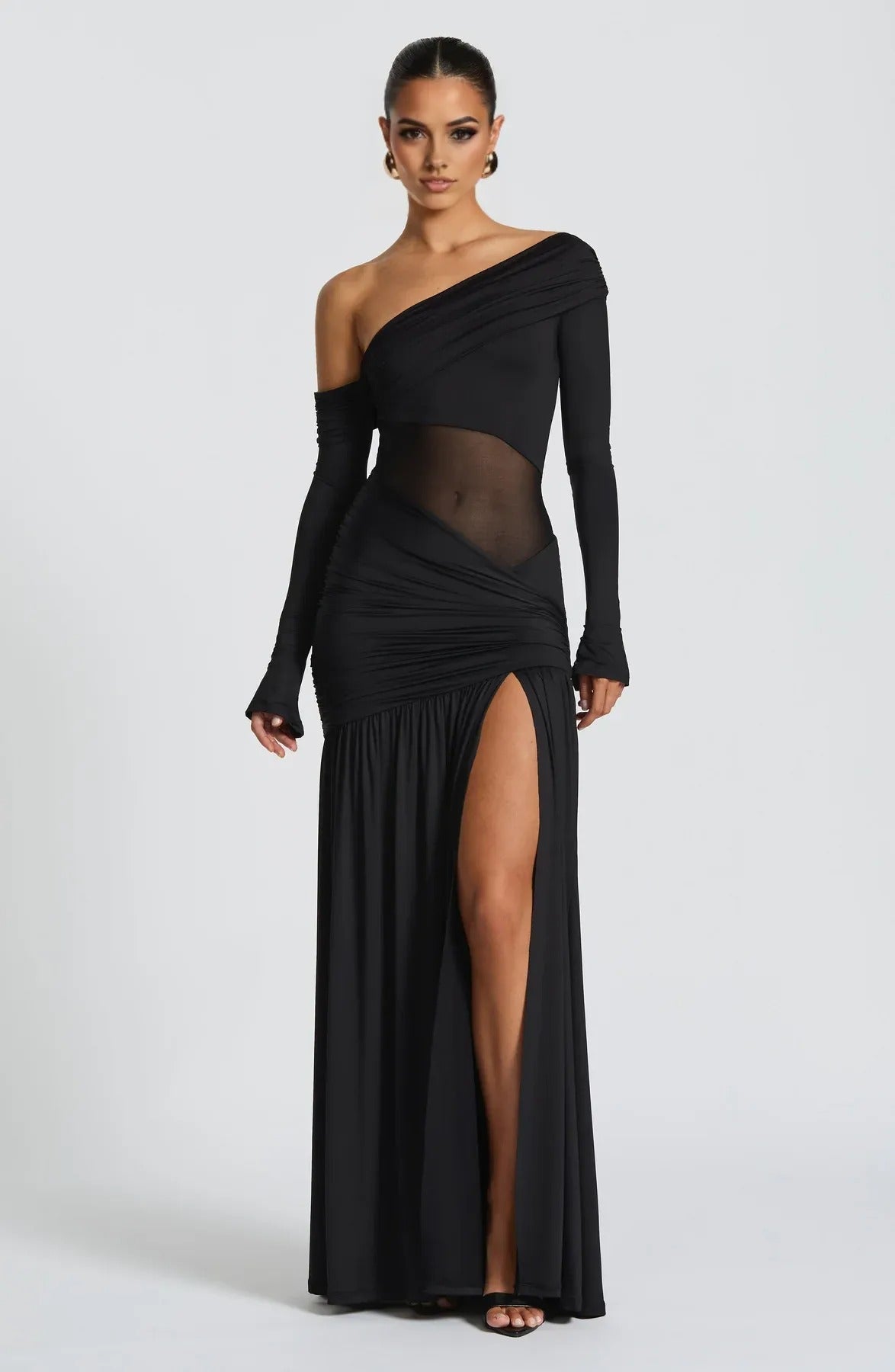 Black off-shoulder ruched maxi dress with long sleeves and high slit