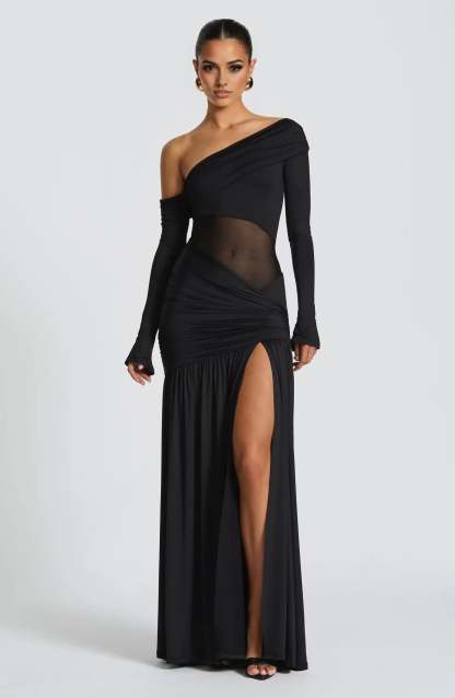 Black off-shoulder ruched maxi dress with long sleeves and high slit