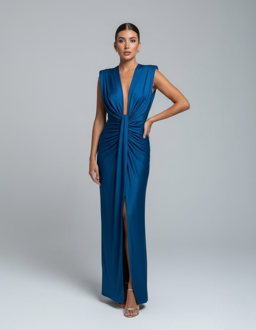 Teal blue sleeveless ruched maxi dress with deep V-neckline and front slit