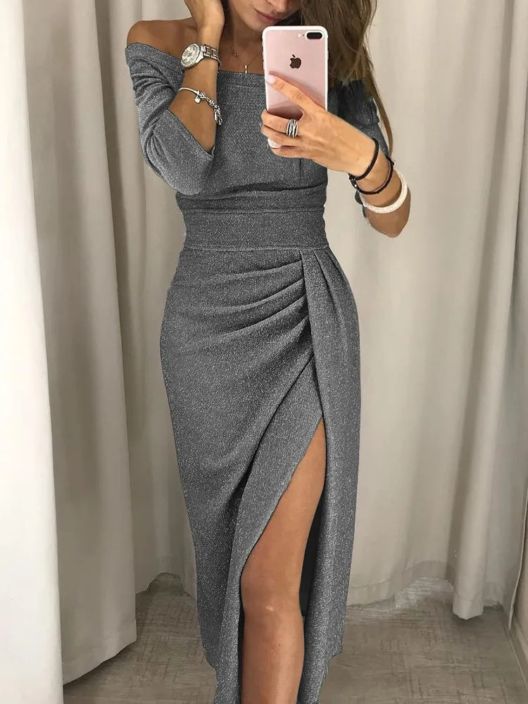 Charcoal gray ruched off-shoulder midi dress with high slit