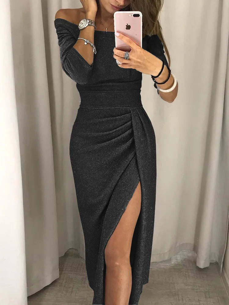 Black ruched off-shoulder midi dress with cinched waist and leg slit