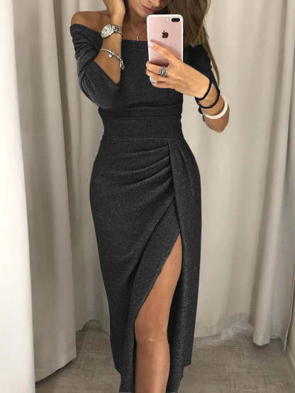 Black ruched off-shoulder midi dress with cinched waist and leg slit