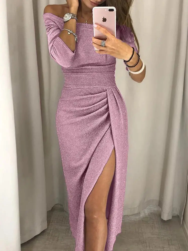 Mauve ruched off-shoulder midi dress with side slit and cinched waist