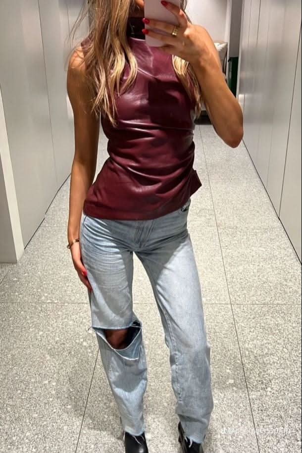 Wine ruched faux leather top back view showing fitted silhouette detail