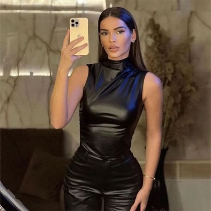 Black faux leather sleeveless ruched top with mock neck for women styling