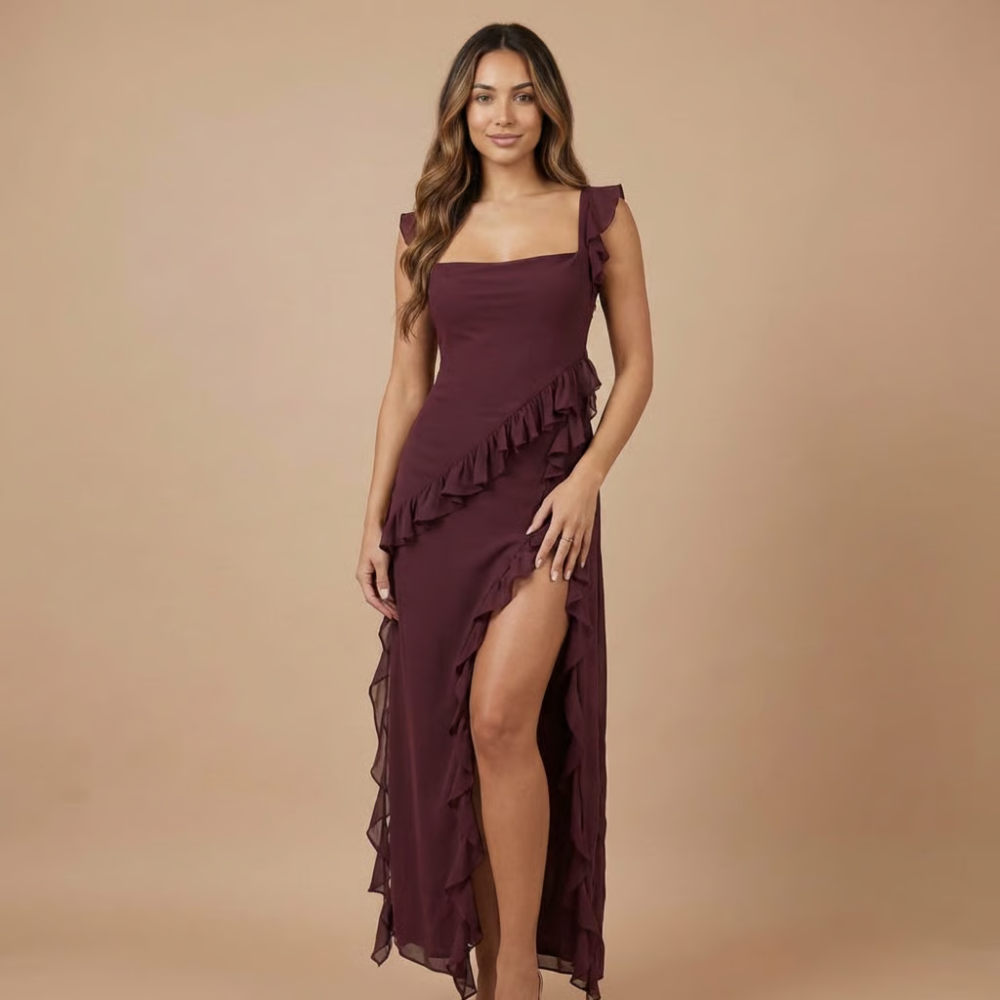 Burgundy ruffle maxi dress with square neckline and asymmetrical hem